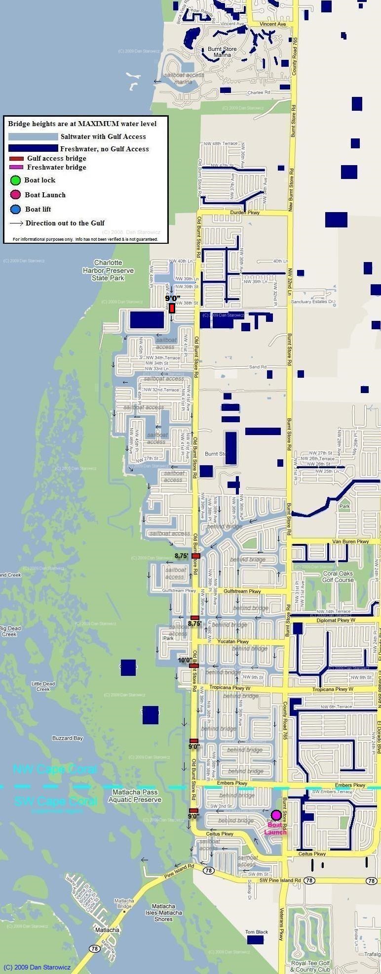 Map of Northwest Cape Coral Florida includes locations and heights of Bridges, boat locks and boat lifts as well as the location of saltwater and freshwater canals includes Burnt Store Marina and Matlacha Pass