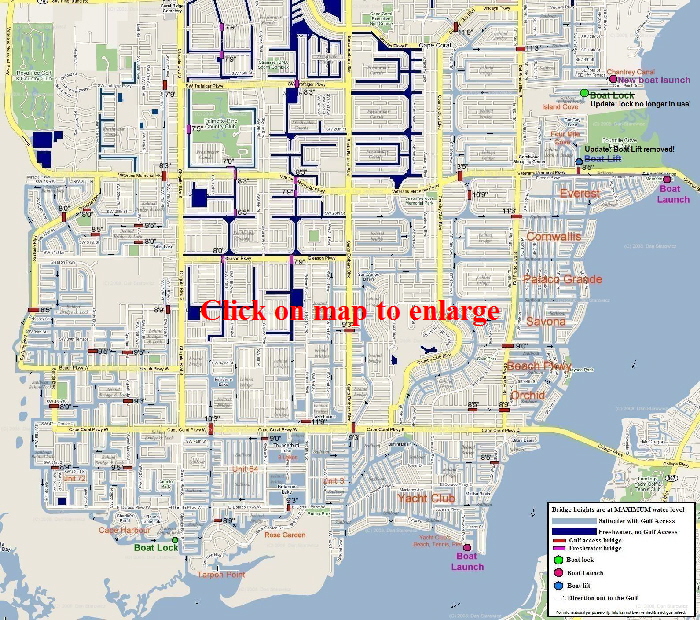 Map of Cape Coral, Florida including boat lifts, locks, bridge heights as well as the location of freshwater and gulf access saltwater canals