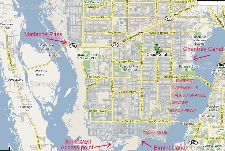Map of Cape Coral sailboat access neighborhoods and locations Map of Cape Coral sailboat access neighborhoods and locations